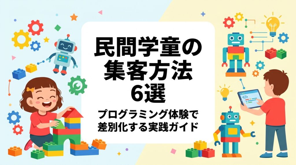 民間学童・放課後児童クラブ運営者向けに、集客方法を体系的に解説。見学会・体験イベント・チラシ・SNS・口コミの準備負担と適した時期を表で整理し、レゴ®を使ったプログラミング体験会の設計手順と導入の流れも紹介します。