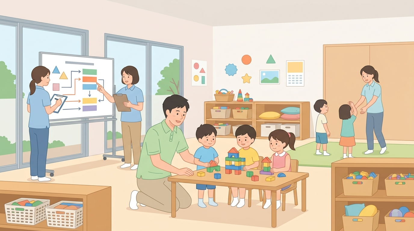 終日開所日のタイムテーブル例(時間帯/活動/配慮点)のイメージ