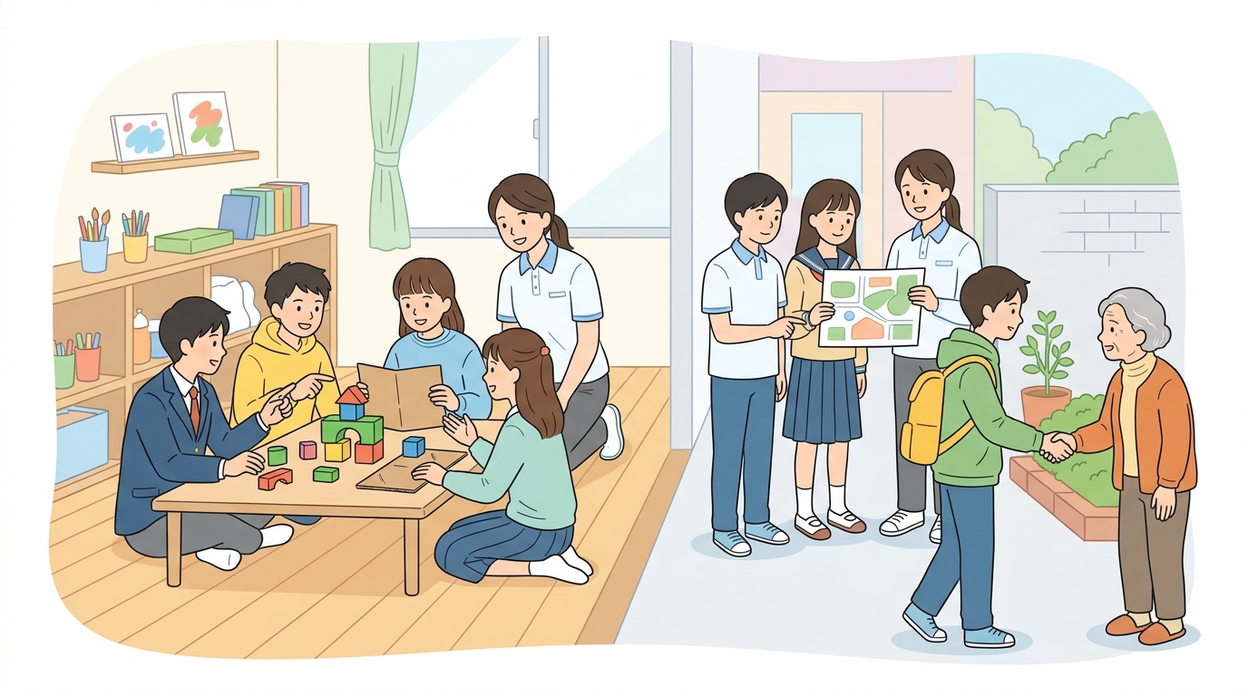 社会性・コミュニケーションを意識した活動と、外出・地域交流の進め方のイメージ