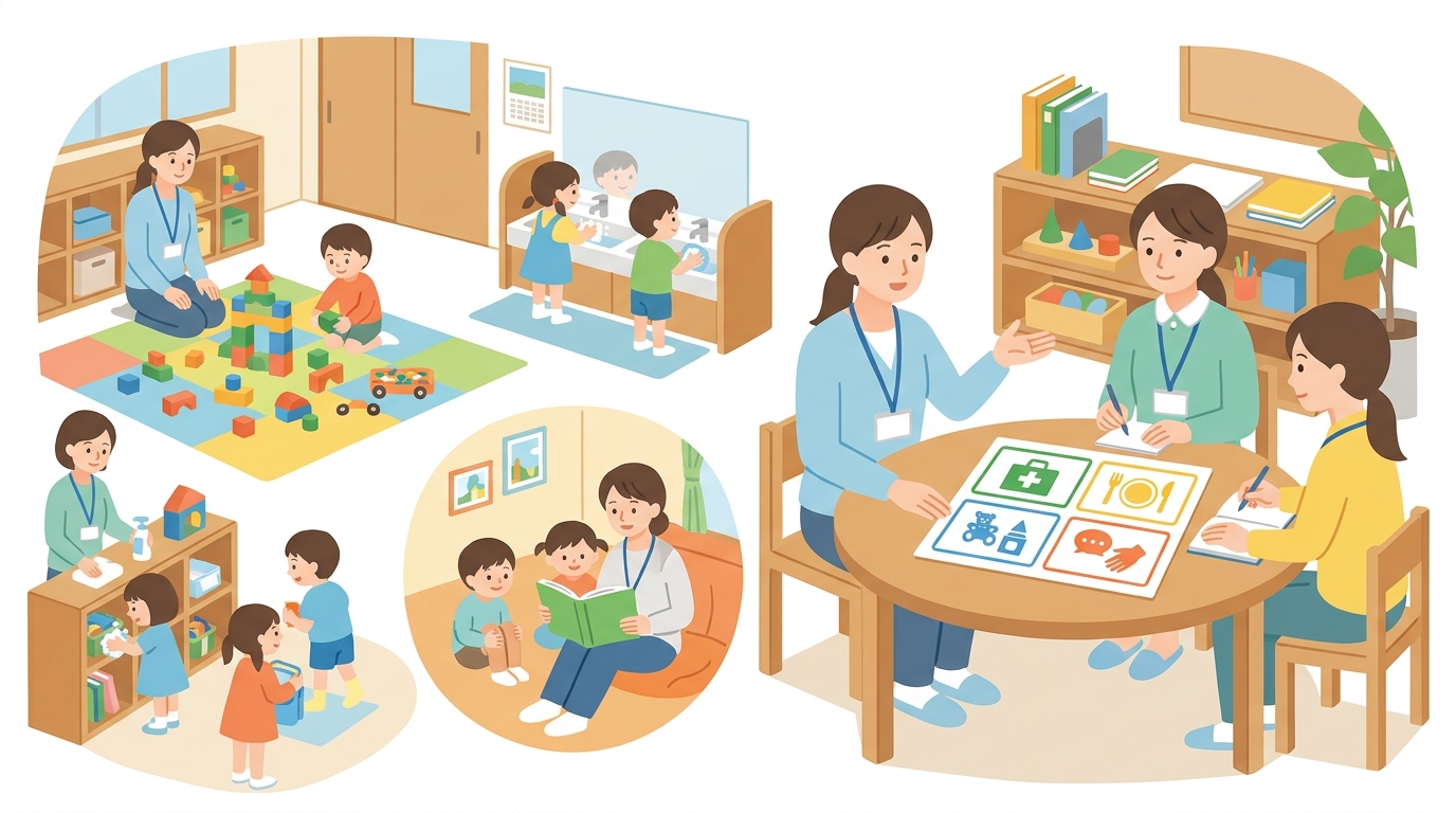 振り返りの視点を4つに分ける 安全・生活・遊び・関わりのイメージ