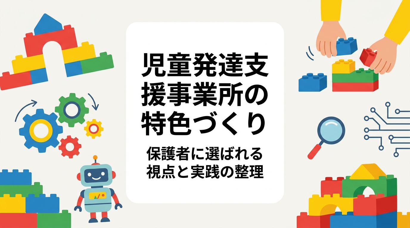 児童発達支援事業所の特色づくりを、保護者が検討時に見る観点（活動内容・職員体制・送迎・情報発信）から整理。支援プログラム公表など制度面の考え方、体験型活動の取り入れ方まで運営者向けに解説します。