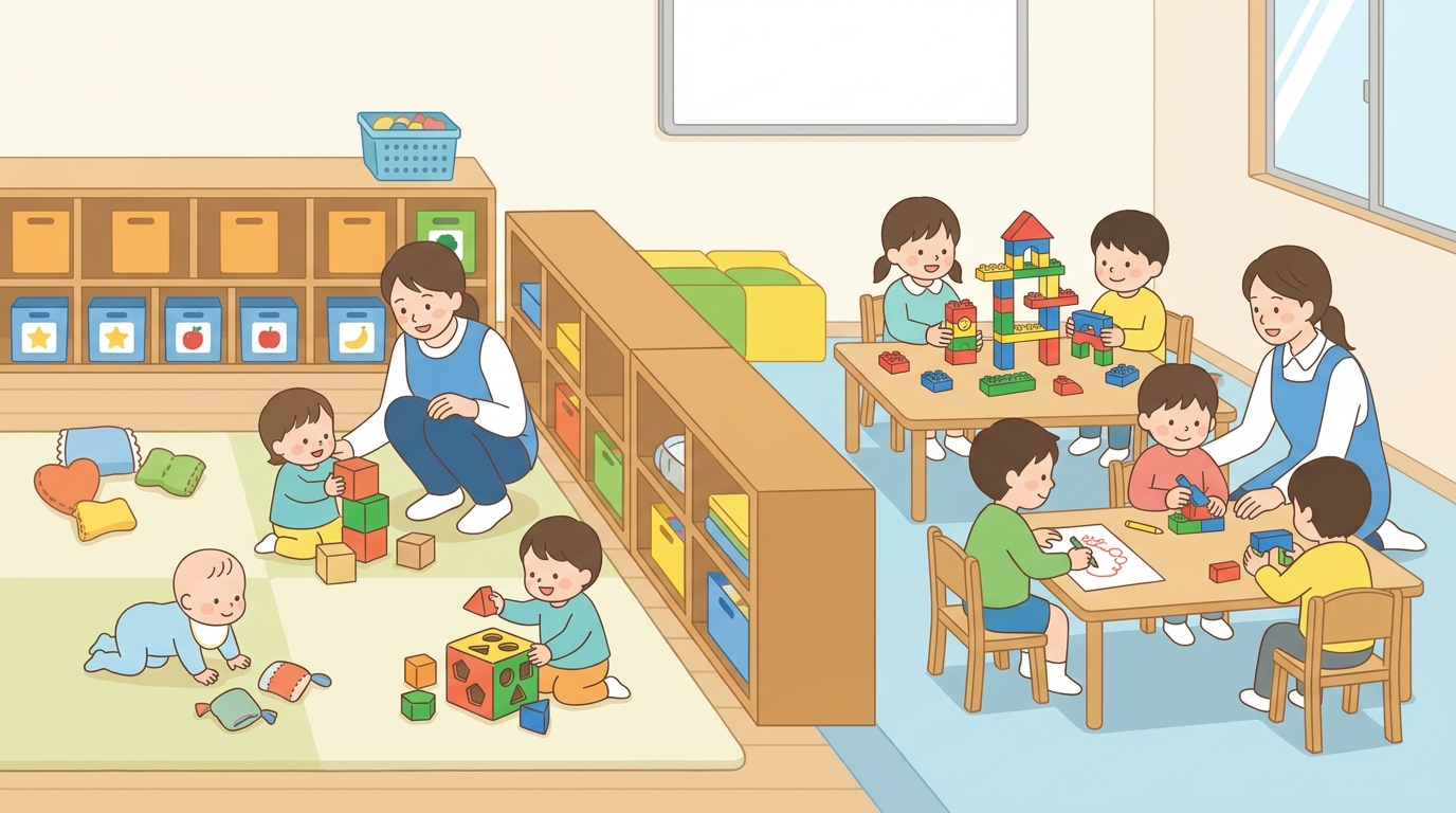 異年齢が混ざる時間帯の進め方 0〜2歳と3〜5歳のゾーニングのイメージ