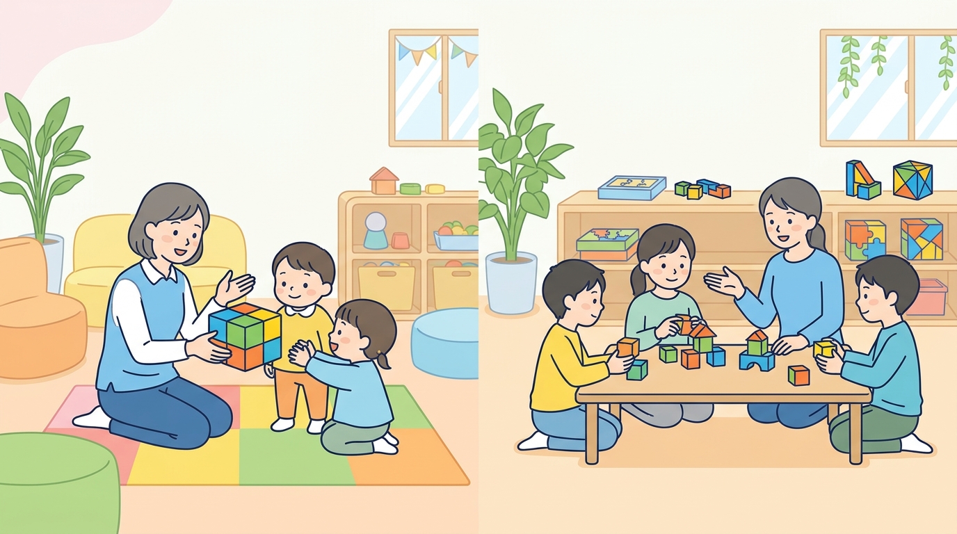 未就学児と学齢児で活動の組み立てはどう変わるか（比較表）のイメージ