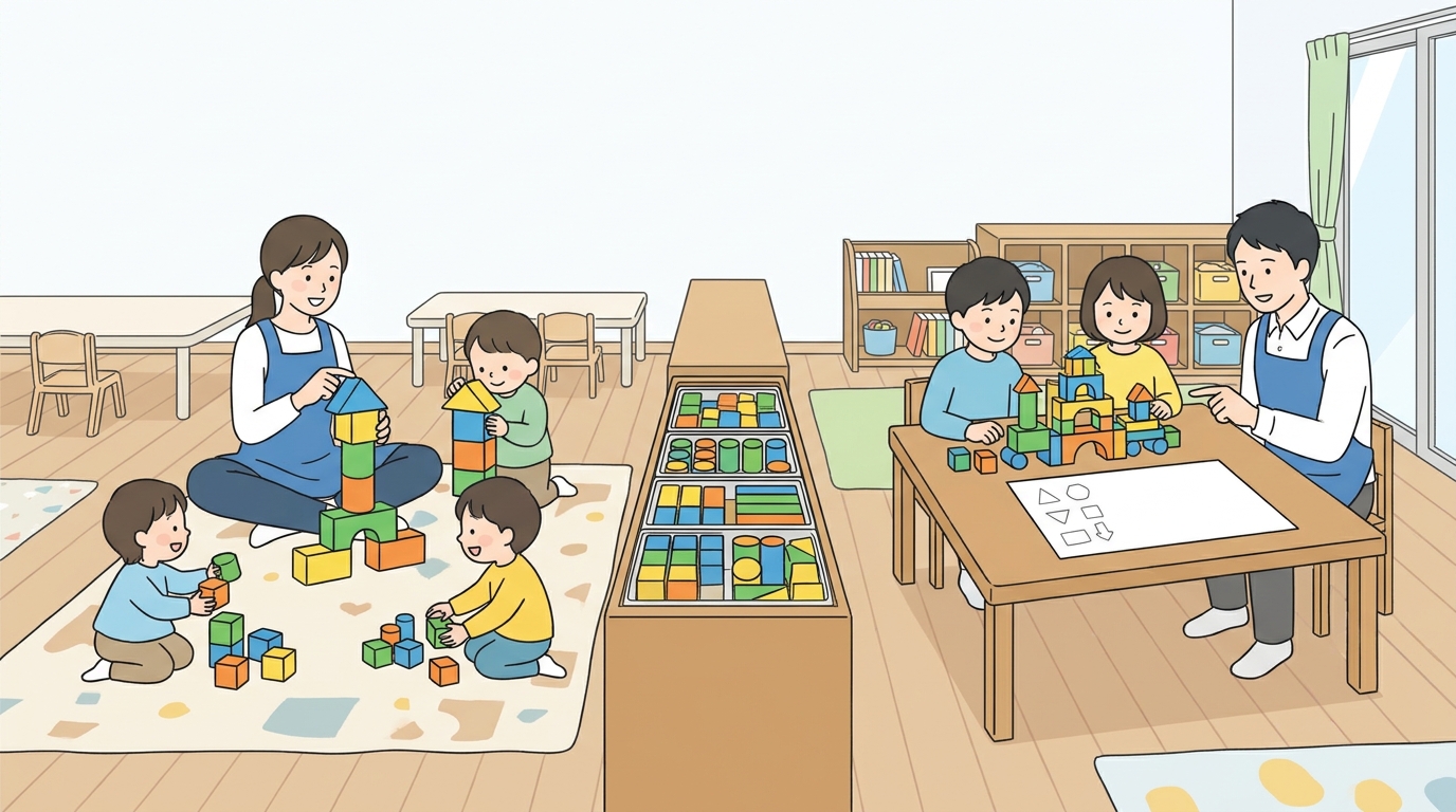 同じ教材を年齢に応じて使い分ける考え方のイメージ